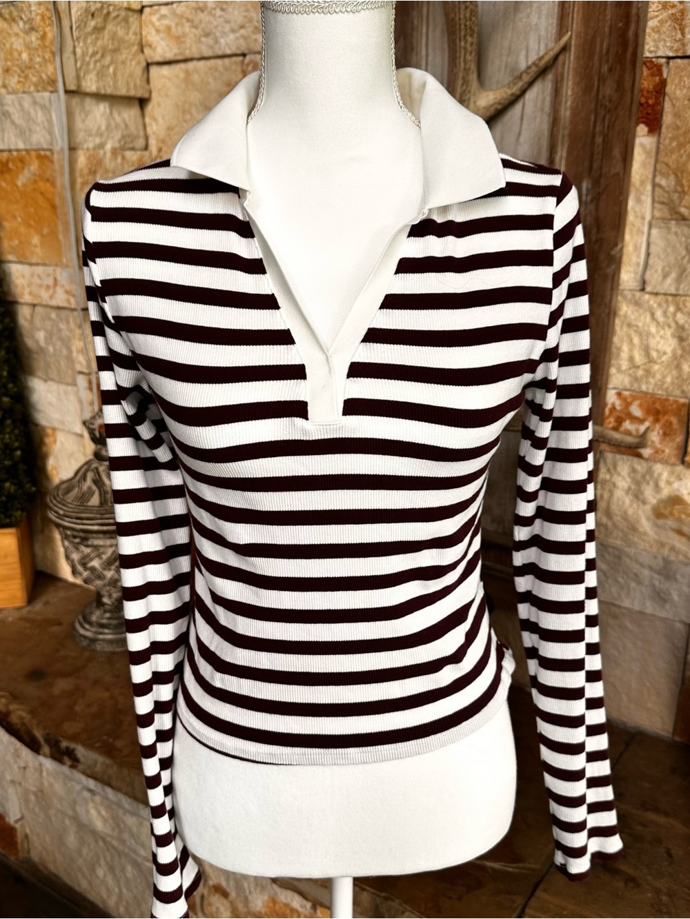 Striped Long-Sleeve Polo Top - White &Maroon